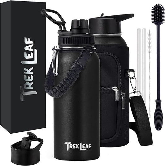 Travel Water Bottle with Carrying Bag, 3 Lids (Spout, Straw, Flip), and Bottle Brush; Leak Proof, Quality, Vacuum Insulated, Stainless Steel (Black, 32 oz)