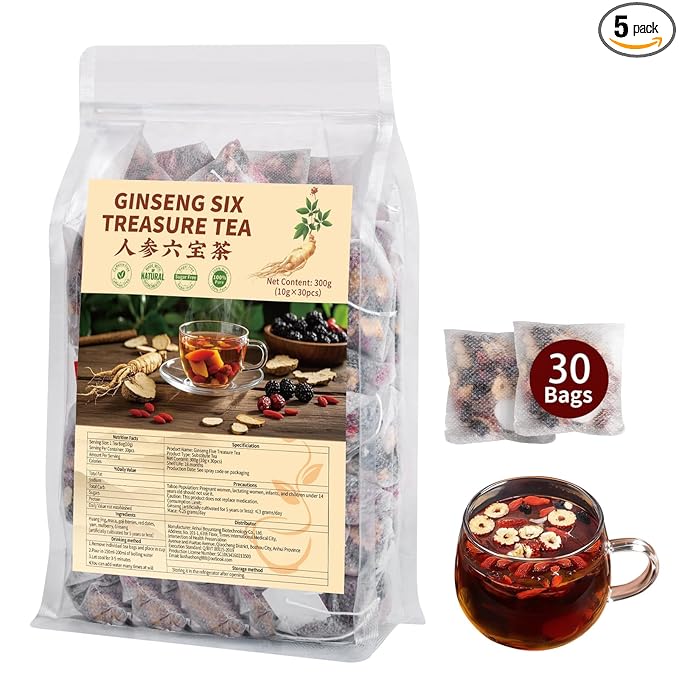 Kidney Tea Formula Ginseng Six Treasure Tea - Natural Chinese Traditional Herbal Ginseng Five Treasures Kidney Detox Cleanse Teabag For Men Women - 30 Bags-FlexoryFit