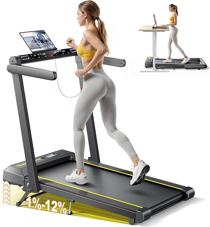 Walking Pad Treadmill with 12% Incline, 4 in 1 Folding Treadmill for Home/Office with Handle Bar, 2.5HP Under Desk Treadmills Portable Walking Pad with App & Bluetooth Speaker, 0.6-10MPH-FlexoryFit