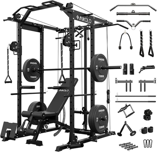 Mikolo Power Cage, Power Rack with Cable Crossover System, 1500LBS Squat Rack with LAT Pull Down System, Workout Cage with Pulley System for Fitness Home Gym-FlexoryFit