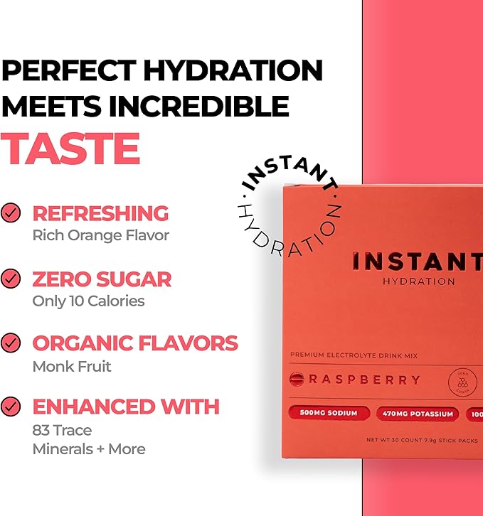 Instant Hydration Electrolytes Powder Packets - Raspberry Electrolyte Drink Mix - Zero Sugar - Keto, Vegan, Gluten-Free, Non-GMO - Boost Recovery, Brain Health, Muscle & Tissue Support- 30 Sticks-FlexoryFit