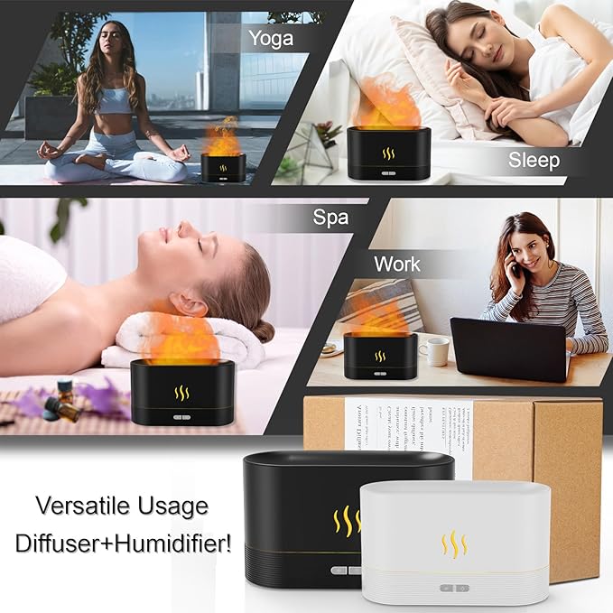Essential Oil Diffuser, Flame Air Humidifier with Fire Led Light - 2 Rightness, 180mL Capacity (8 Hours), Auto-Off Protection Air Diffuser for Home Bedroom Office Gifts(Black)
