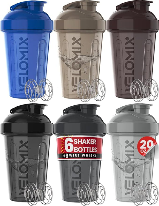 '-6 PACK- Shaker Cups for Protein Shakes 20 oz - 6x Wire Whisk | Leak Proof Protein Shaker Bottle for Protein Shakes, Shaker Bottle Pack for Pre & Post Workout, Shaker Cup (Modern Neutrals)-FlexoryFit