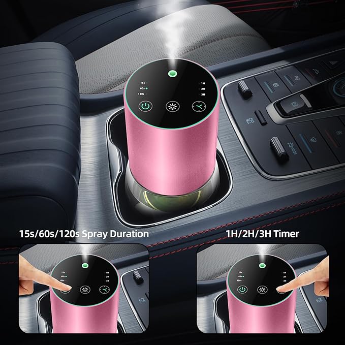 Waterless Essential Oil Diffuser 100ML Large Capacity Battery Operated Cordless Aromatherapy Diffuser with Timing & 3 Mist Levels car Diffuser 7 Colour Led Lights (Pink)