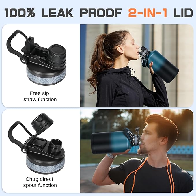 1 Gallon Water Bottle Insulated, Leak Proof 128 oz Stainless Steel Water Jug with Straw/Spout 2-in-1 Lid, Sleeve, Paracord Handle, Silicone Boot, One Gal Metal Canteen for Gym Sport Camping-FlexoryFit