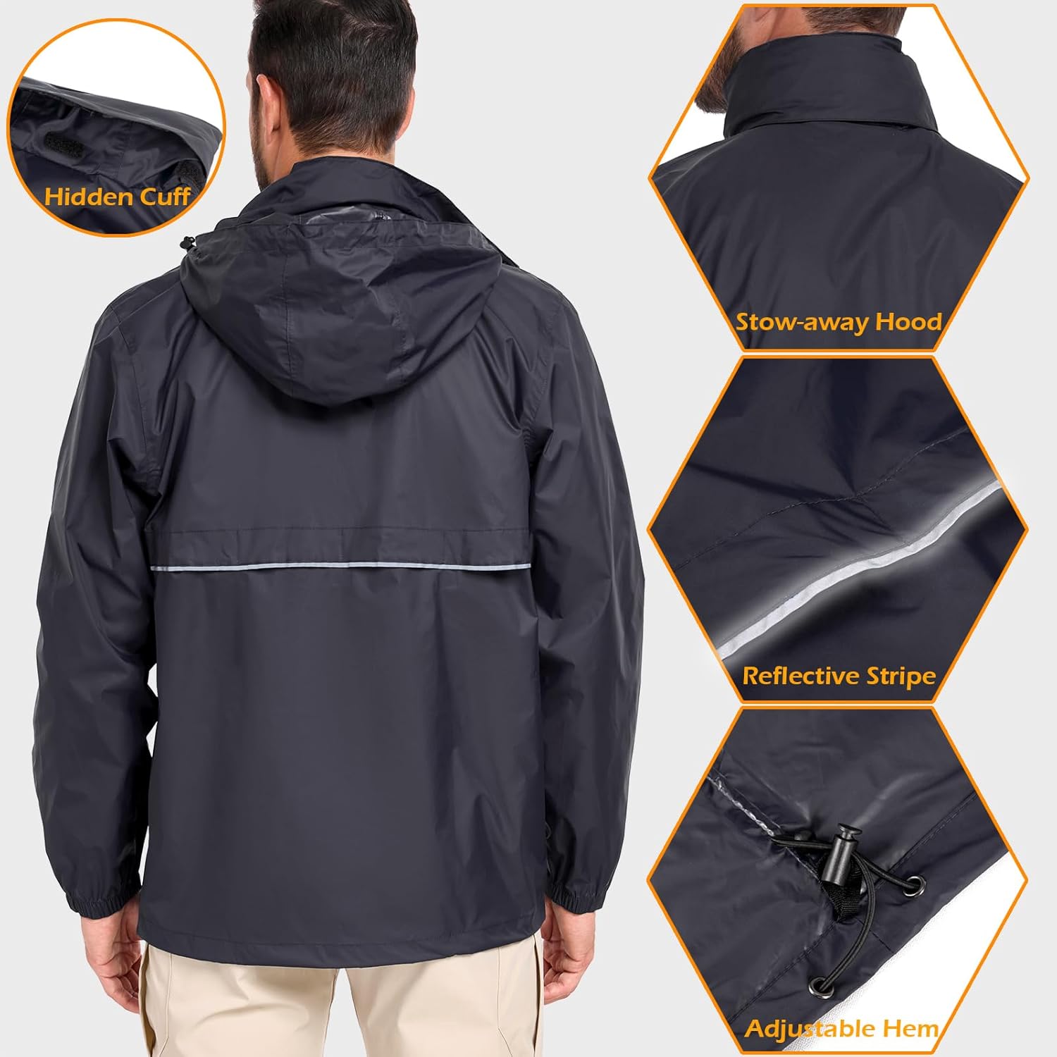 MANSDOUR Men's Packable Rain Jacket Waterproof Lightweight Windbreaker Cycling Golf Hiking Reflective Raincoat with Hood