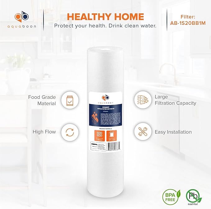Aquaboon 1 Micron 20" Sediment Water Filter Replacement Cartridge | Whole House Sediment Filtration | Compatible with AP810-2, SDC-45-2005, FPMB5-20, P5-20, FP25B, 155358-43, 8 Pack