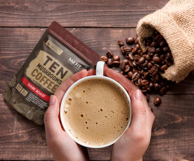 Instant Mushroom Coffee Dark Roast (60 Servings) With 10 Mushrooms (Lions Mane, Cordyceps, Turkey Tail & Other) Mixed With Gourmet 100% Arabica Instant Coffee for Focus & Gut Health Support-FlexoryFit