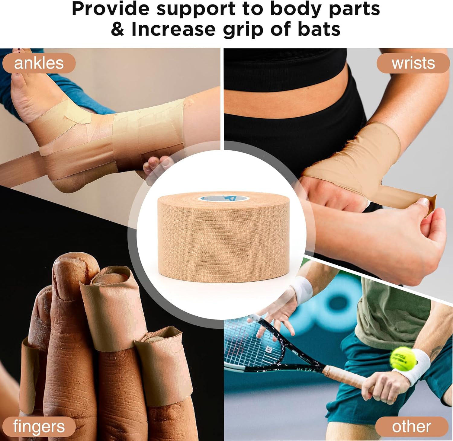 OK TAPE 4 Rolls Athletic Tape, Sports Tape for Injuries, Rigid, Easy Tear Medical Tape, Wrist Tape, No Sticky Residue | Secure Ankle, Finger, Knee- 1.5inch x 15yards (Beige)