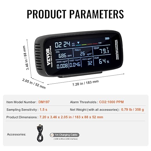 VEVOR Air Quality Monitor 9-in-1, CO2, Temperature, Humidity, Formaldehyde TVOC AQI Tester, Professional PM2.5 PM10 PM1.0 Particle Counter for Indoor/Outdoor, Air Quality Meter w/Alarm Thresholds