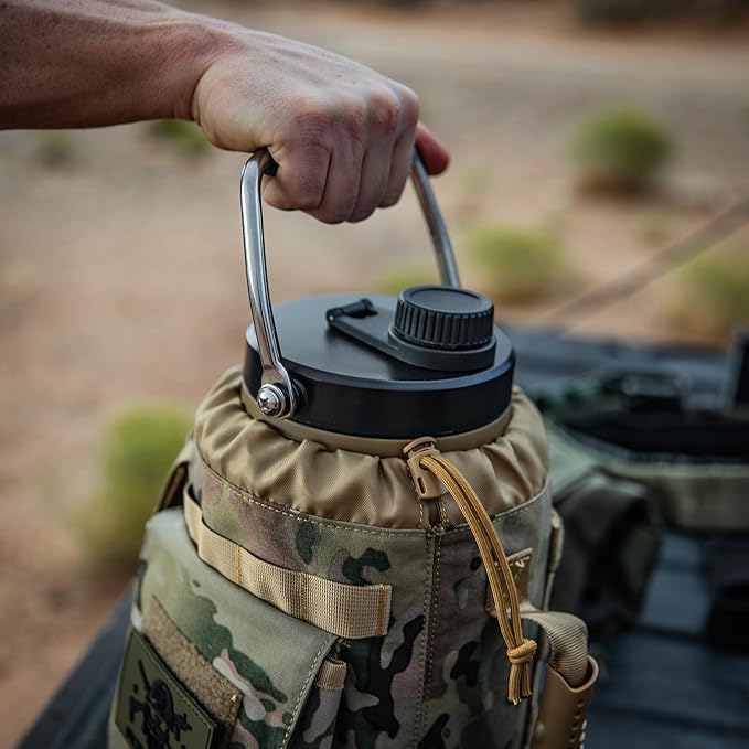 Iron Infidel Battle Bottle - One Gallon Insulated Water Bottle with Dual Carry Handles - 128 oz Tactical Stainless Steel Water Jug & Rugged Extra Large Sleeve With Storage (OCP Camo 128 Ounces)-FlexoryFit