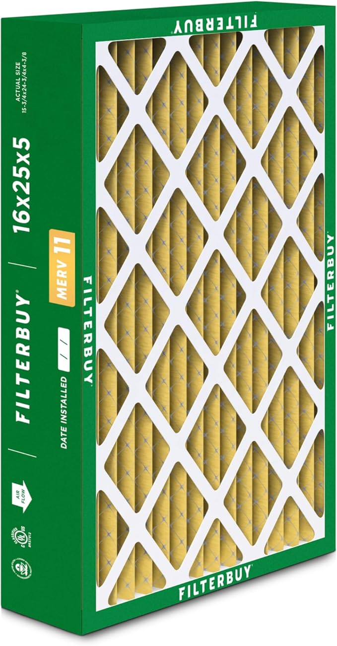 Filterbuy 16x25x5 Air Filter MERV 11 (MPR 1200) Allergen Defense (3-Pack), Pleated HVAC AC Furnace Filters for Honeywell FC100A1029, Lennox X6670, Carrier, & More (Actual Size: 15.75 x 24.75 x 4.38)