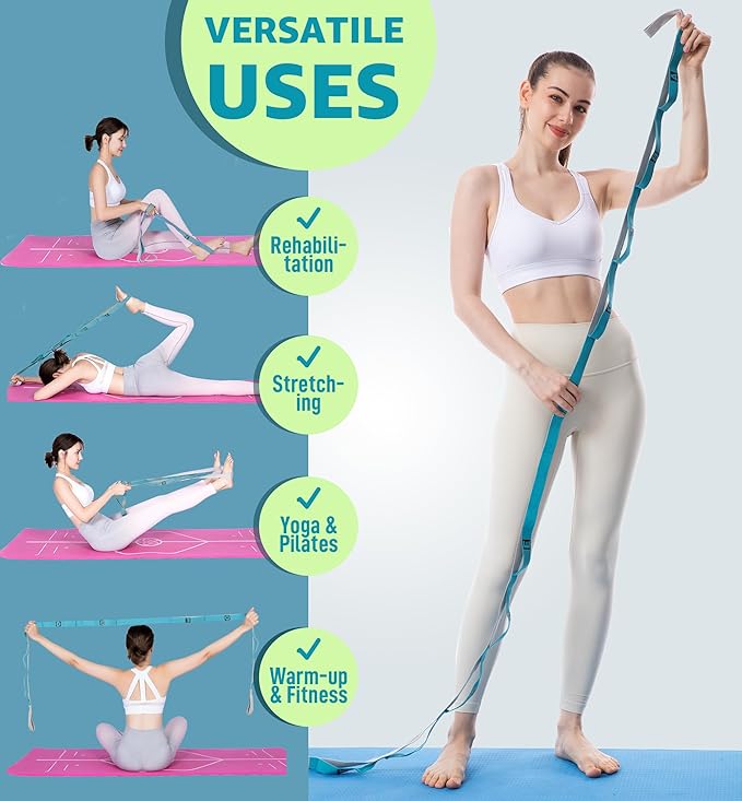 HiRui Stretching Strap Yoga Strap with Door Anchor, 14-Loops Non-Elastic Stretch Straps for Physical Therapy, Pilates, Dance, Gymnastics | Stretch Band with Workout Guide for Women & Men-FlexoryFit