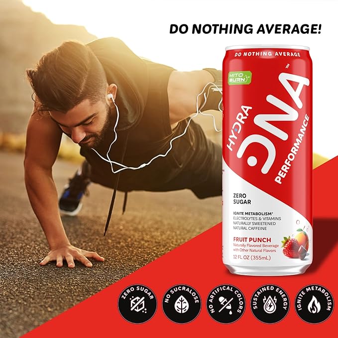 HYDRADNA- Clean Performance Drink, Zero Sugar | For Natural Fuel, Alertness, Boost, Stamina,120 mg Organic Caffeine, Natural Flavors, Zero Sucralose, Clean Ingredients (12 Pack) (12 Pack, Fruit Punch)-FlexoryFit