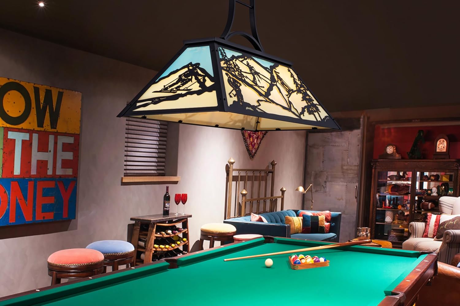 TOCHIC Tiffany Billiard Pool Table Lights, 43.3" Rustic Pool Table Lighting Fixture for 7' 8' Table, Farmhouse Chandelier with Ski Shade for Dining Game Room, Kitchen Island, Club Bar, Man Cave