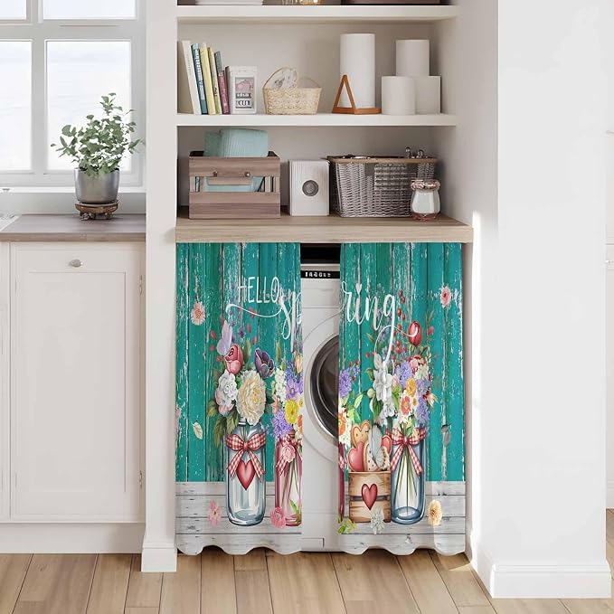 Spring Flowers Tier Curtains, Farmhouse Watercolor Teal Wood Grain Light - Image 7