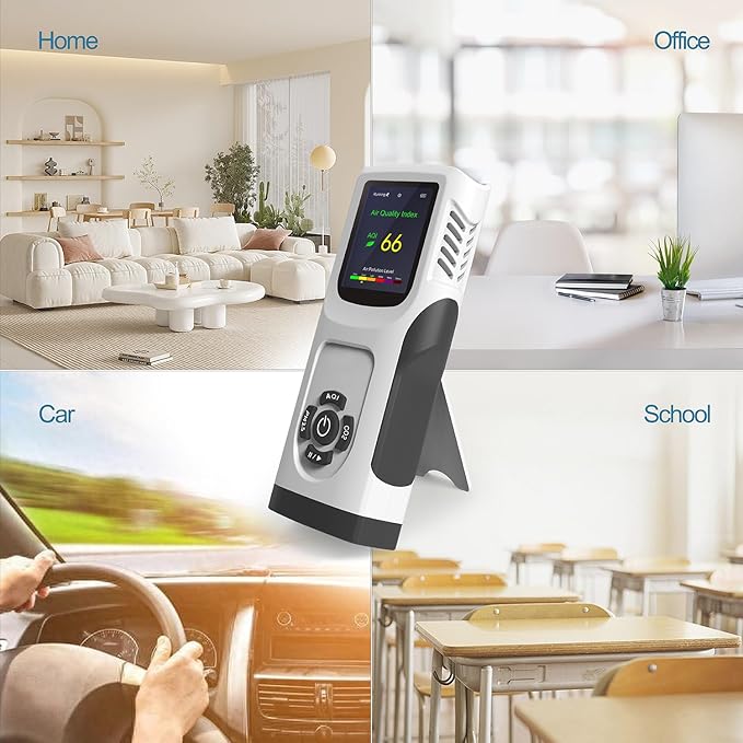 6-in-1 Air Quality Monitor Indoor CO2 Monitor, 3000mAh AQI TVOC Air Quality Tester for Home PM2.5 PM10 Particle Counter Air Quality Monitor with Graph, Portable Outdoor LED Screen