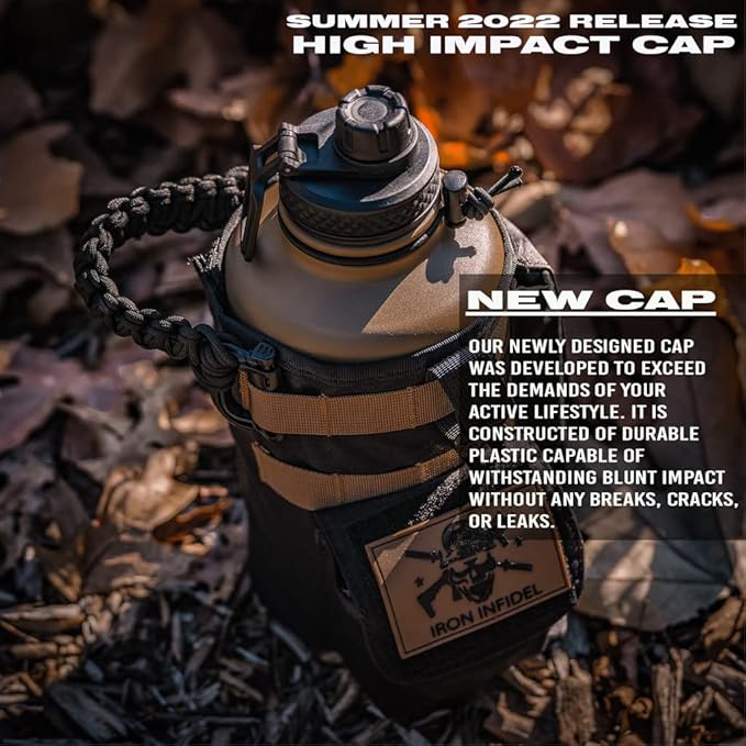 Iron Infidel Battle Bottle - Half Gallon Insulated Water Bottle with Paracord Handle, Large 64 oz Stainless Steel Water Jug with Rugged, Removable Sleeve for Keys, Wallet & Phone (Brown Recluse 2L)-FlexoryFit