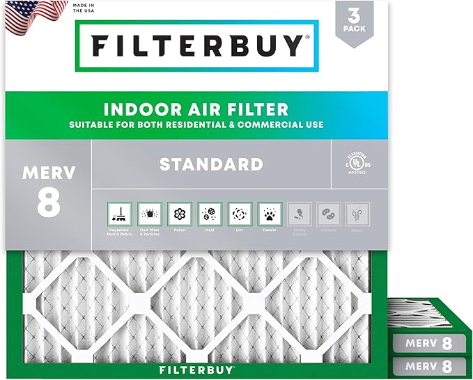Filterbuy 17x17x1 Air Filter MERV 8 (MPR 700) Dust Defense Replacement (3-Pack), Electrostatic Pleated HVAC AC Furnace Filters, Made in USA (Actual Size: 17.00 x 17.00 x 0.75)