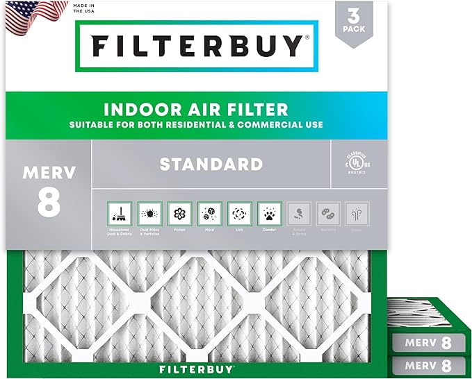 Filterbuy 21x21x1 Air Filter MERV 8 Dust Defense (3-Pack), Pleated HVAC AC Furnace Air Filters Replacement (Actual Size: 20.88 x 20.88 x 0.75 Inches)