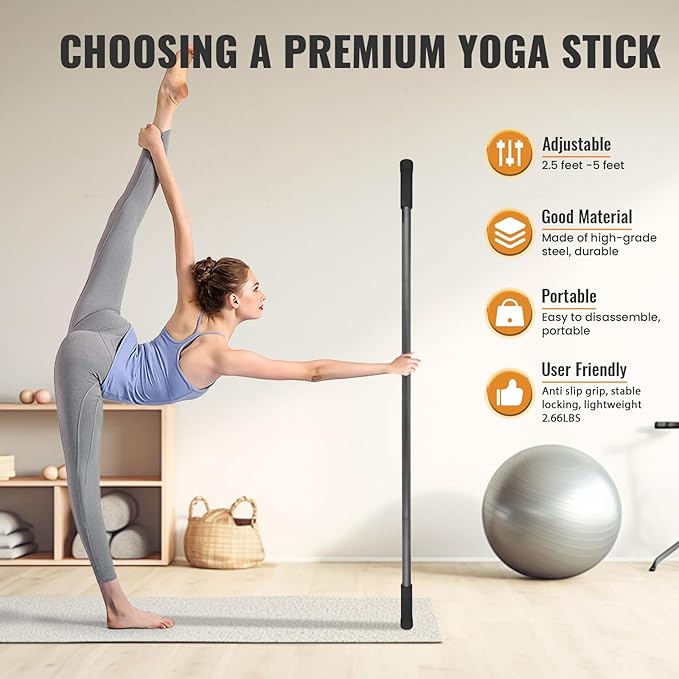 Yoga Stick 5ft Mobility Stick, Sturdy Steel Exercise Bar Adjustable Stretching Stick for Mobility, Training, Flexibility and Balance, Versatile Stretch Bar with 4 Steel Rods & Foam Handles-FlexoryFit