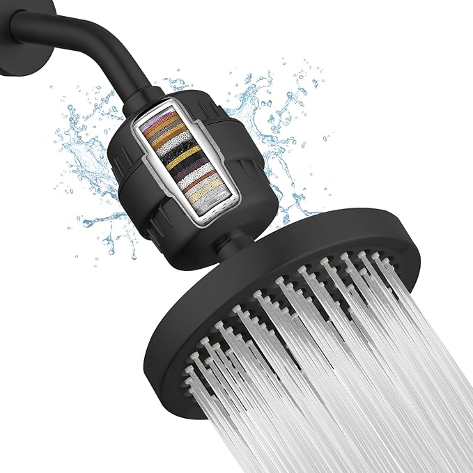 High Pressure Filtered Shower Head Set, 6’’ Rain Shower Filter for Hard Water, Universal Round Showerhead 20 Stage Filtration Removes Impurities for Rejuvenated Skin by Eolax, Matte Black