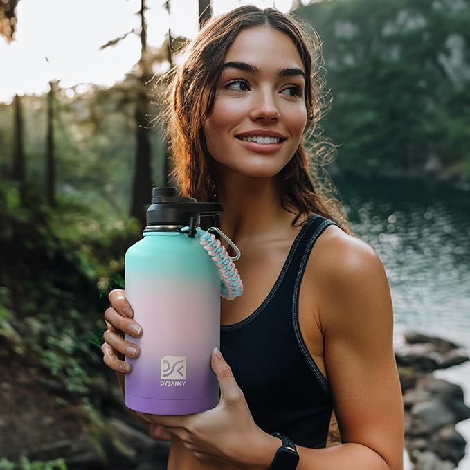 Insulated Water Bottle | Thickened Stainless Steel Vacuum Metal | Portable Sports Half Gallon Large Water Jug for Gym and Hiking with Straw, Carrier Bag, Handle Strap | BPA-Free 64 oz-FlexoryFit