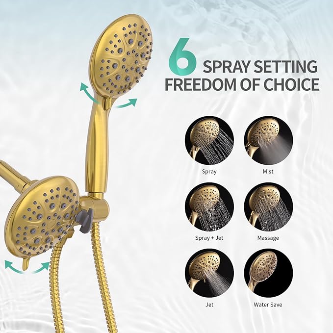 SR SUN RISE 5-Spray Dual Shower Head Cmbo Tub Faucet Set 3-Way Shower Head and Hand Held Shower Tub Faucets Sets Complete Single-Handle Tub and Shower Trim Kit, Brushed Gold (Valve Include）