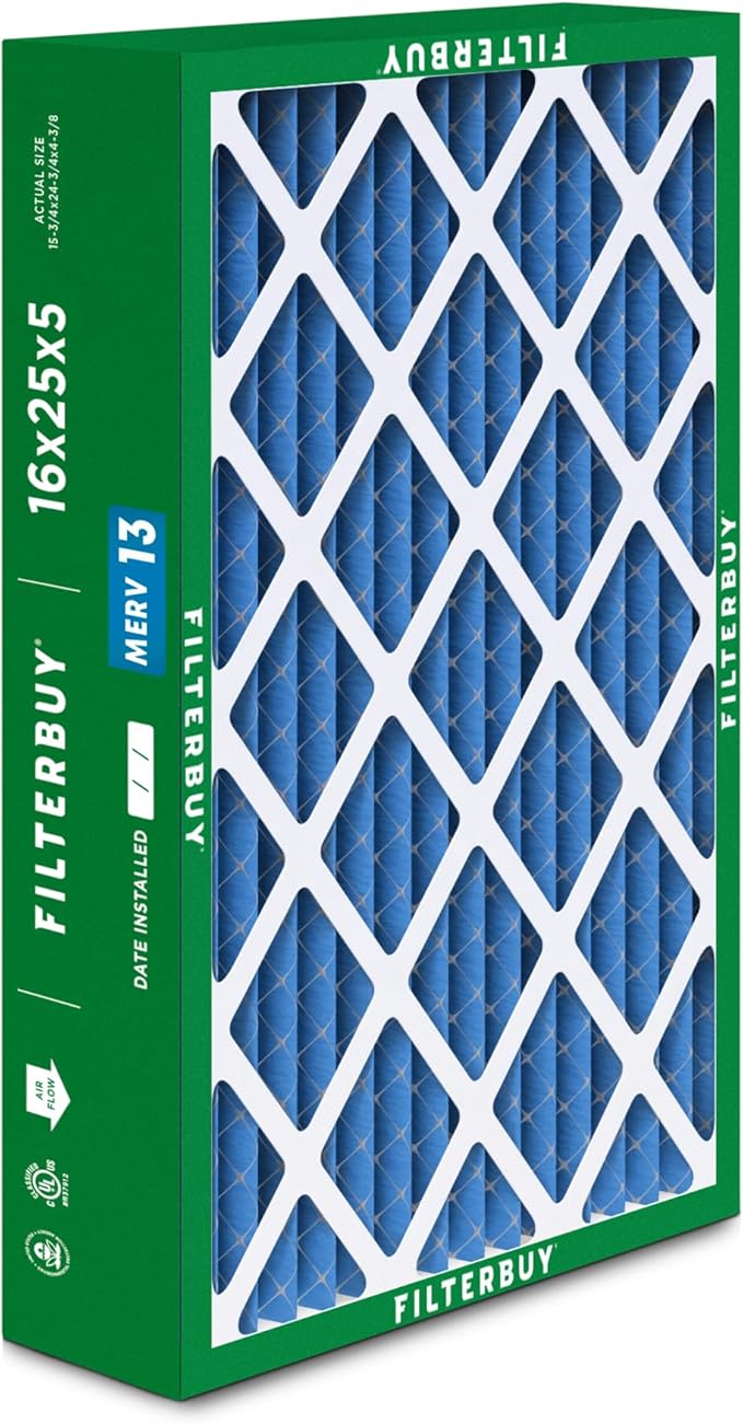 Filterbuy 16x25x5 Air Filter MERV 13 Optimal Defense (1-Pack), Pleated HVAC AC Furnace Air Filters for Honeywell FC100A1029, Lennox X6670, Carrier, & More (Actual Size: 15.75 x 24.75 x 4.38 Inches)