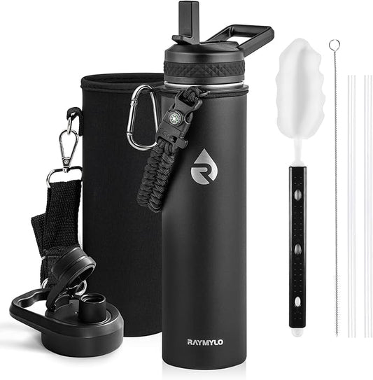 Insulated Water Bottle 24oz, Triple Wall Vacuum Stainless Steel (Cold for 48 Hrs, Hot for 24Hrs), Leak Proof & Non-BPA, 24oz Hydro Water Flask with Paracord Handle & Straw Spout Lids-FlexoryFit