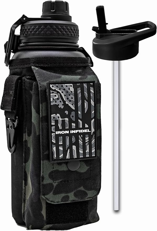 Iron Infidel Battle Bottle - 32 Oz Insulated Water Bottle with Straw Lid & Chug Cap, Stainless Steel Metal Tactical Flask With Rugged, Removable Sleeve for Keys & Phone or Wallet (Black Camo 1 Liter)-FlexoryFit