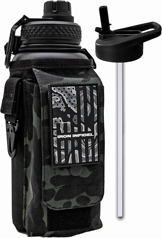 Iron Infidel Battle Bottle - 32 Oz Insulated Water Bottle with Straw Lid & Chug Cap, Stainless Steel Metal Tactical Flask With Rugged, Removable Sleeve for Keys & Phone or Wallet (Black Camo 1 Liter)-FlexoryFit