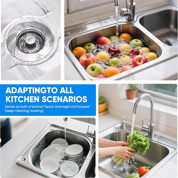 Upgraded 3-in-1 Kitchen Sink Drain Strainer Stopper 2025|Rust-Proof Strainer Basket |Universal Fit for Standard 3.5" Drains |Anti-Clog&Odor Filter |Efficient Drainage (Stainless Steel, 1 PC)