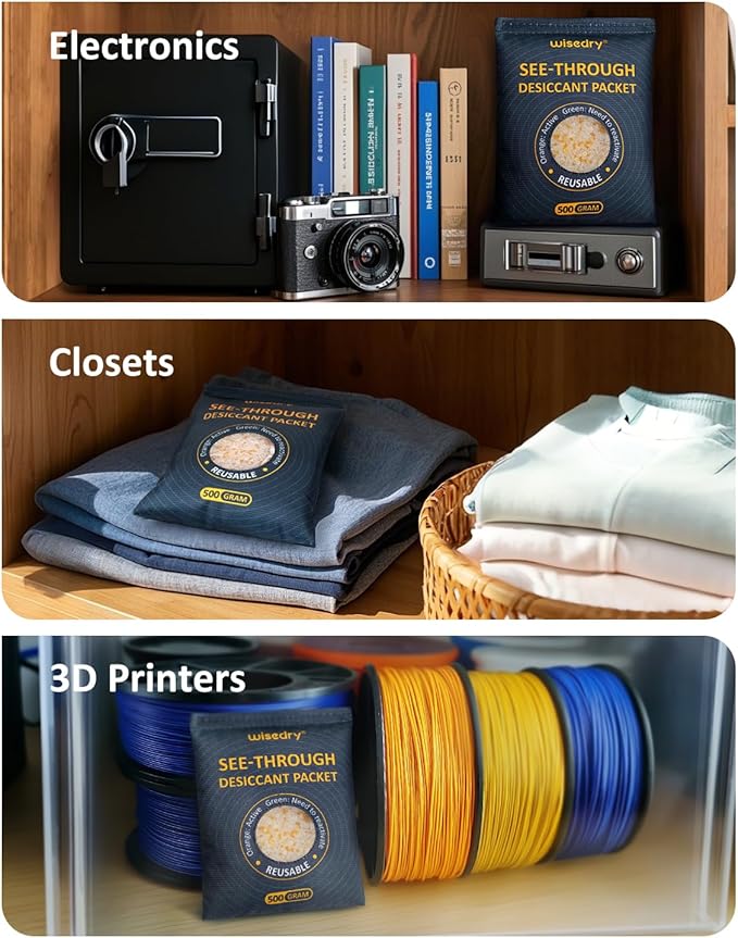 wisedry 500GX2 See-Through Silica Gel Packets, Color-Indicating Desiccant Packs for Storage, Reusable Safe Dehumidifier, Heat Resistant Dehumidifier Bags