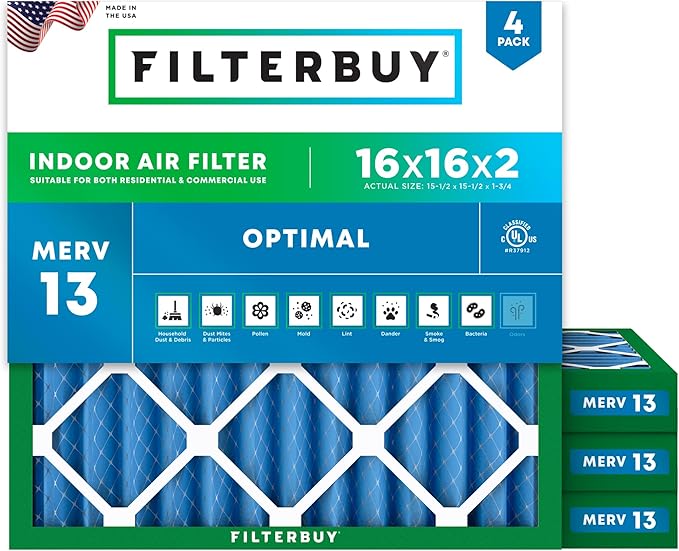 Filterbuy 16x16x2 Air Filter MERV 13 (MPR 1900) Health Defense Replacement (4-Pack), Electrostatic Pleated HVAC AC Furnace Filters, Made in USA (Actual Size: 15.50 x 15.50 x 1.75)