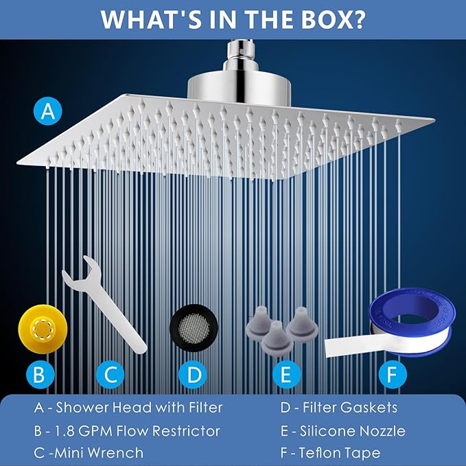 Voolan Rain Shower Head with Filtered - High Flow Large Rainfall Shower Heads Made of Stainless Steel - Waterfall Showerhead Filter For Hard Water (8" Chrome)