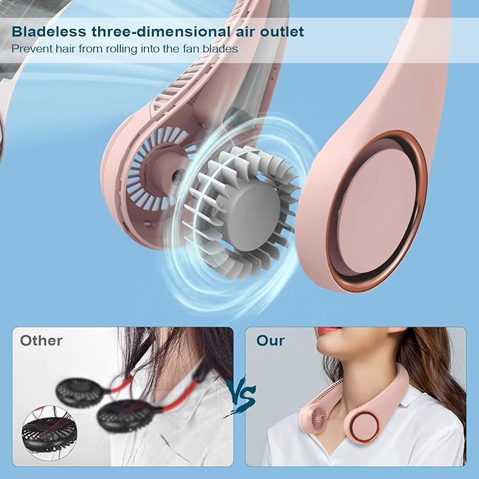CIVPOWER Neck Fan: Portable Personal Neck Cooling Rechargeable Bladeless Fan - Hands Free 3 Speed 4000 mAh Battery USB Operated Wearable Headphone Design - for Men Women Outdoor Indoor (Pink)