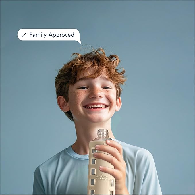 purifyou 40oz / 32oz / 22oz / 12oz Borosilicate Glass Water Bottle with Time & Volume Markers, Silicone Sleeve, Stainless Steel Lid | Reusable Glass Bottle for Water & Juice (12oz Pearled Ivory)