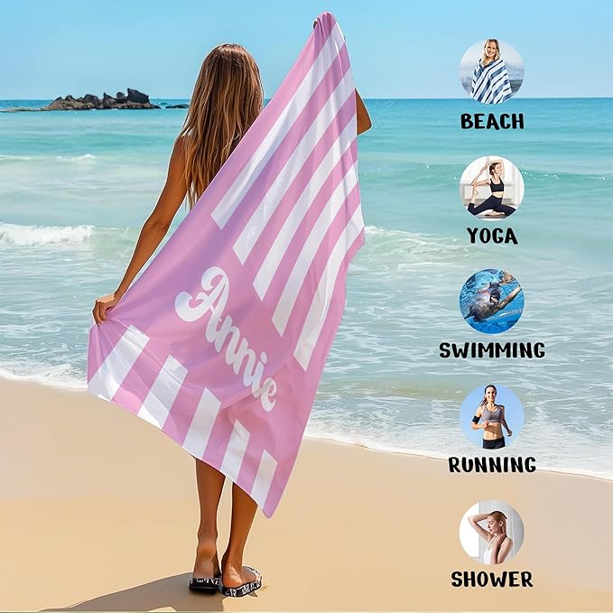 JML Personalized Beach Towel with Name, Custom Cabana Stripe Beach Towel, Customized Microfiber Pool Towel, Quick Dry & Absorbent Swim Towel for Adult,Mother's Day, Birthday, Summer Holiday,Vacation-FlexoryFit