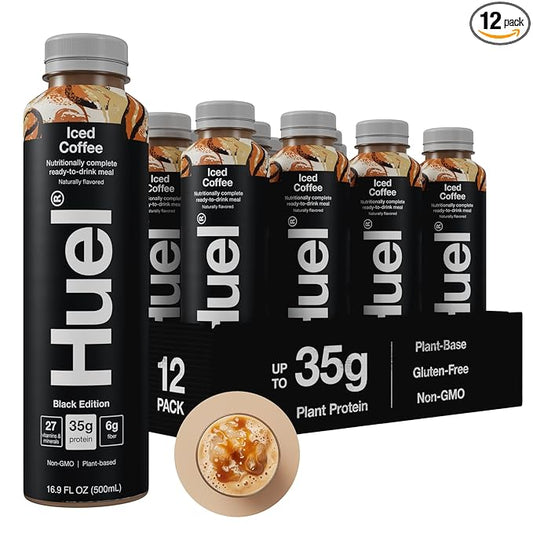 Huel Black Edition Ready-to-Drink | Iced Coffee Meal Replacement Shake | 35g High Protein Drink | 27 Vitamins & Minerals, Vegan, Gluten Free | Plant Based | High Fiber, Low Sugar | 16.9 Fl Oz, 12 Pack-FlexoryFit