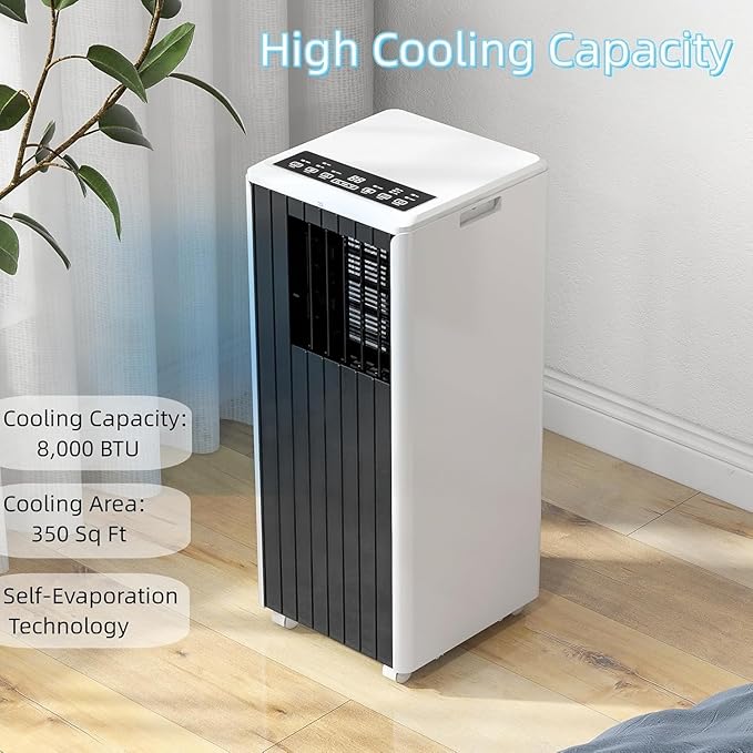 8000 BTU Portable Air Conditioner for Rooms up to 350 Sq.Ft, 3-in-1 Cooling, Dehumidifier & Fan with Quiet Operation, Efficient Cooling, Sleep Mode, 24-Hour Timer & Remote Control, Dark grey