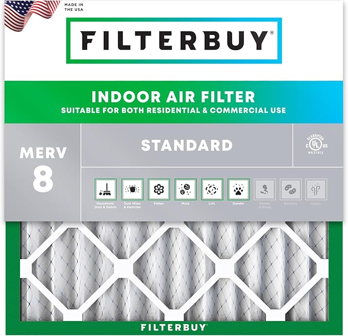 Filterbuy 18x18x2 Air Filter MERV 8 (MPR 700) Dust Defense Replacement (1-Pack), Electrostatic Pleated HVAC AC Furnace Filters, Made in USA (Actual Size: 17.75 x 17.75 x 1.75)