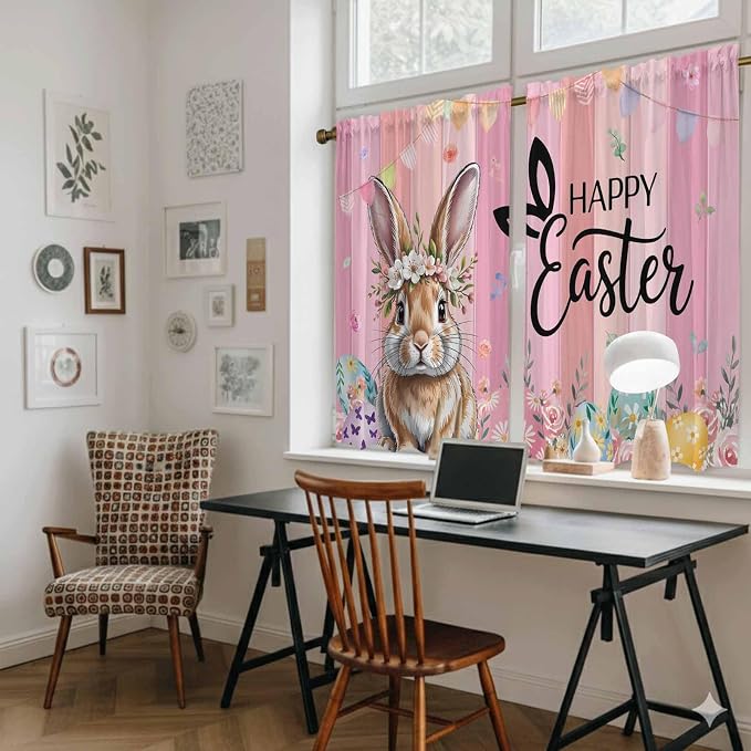 Easter Tier Curtains, Spring Rabbit Eggs Flowers Flags Leaves Wood Grain Light - Image 6