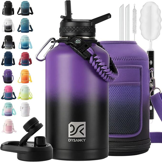 Insulated Water Bottle | Thickened Stainless Steel Vacuum Metal | Portable Sports Half Gallon Large Water Jug for Gym and Hiking with Straw, Carrier Bag, Handle Strap | BPA-Free 64 oz-FlexoryFit
