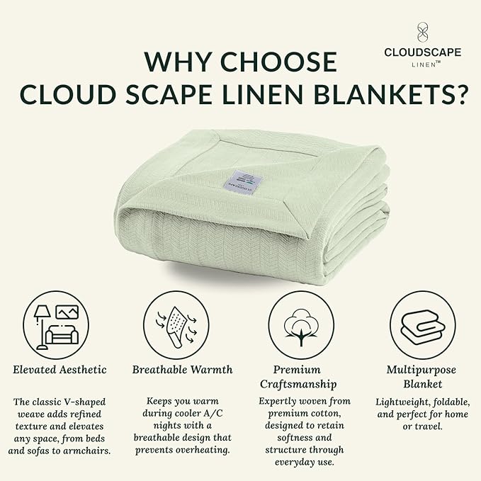 Cloud Scape Linen 100% Cotton Blanket King Size for Bed – Lightweight Summer Blanket, Herringbone Weave,fits California King Size Bed, 92x108,Seafoam Green