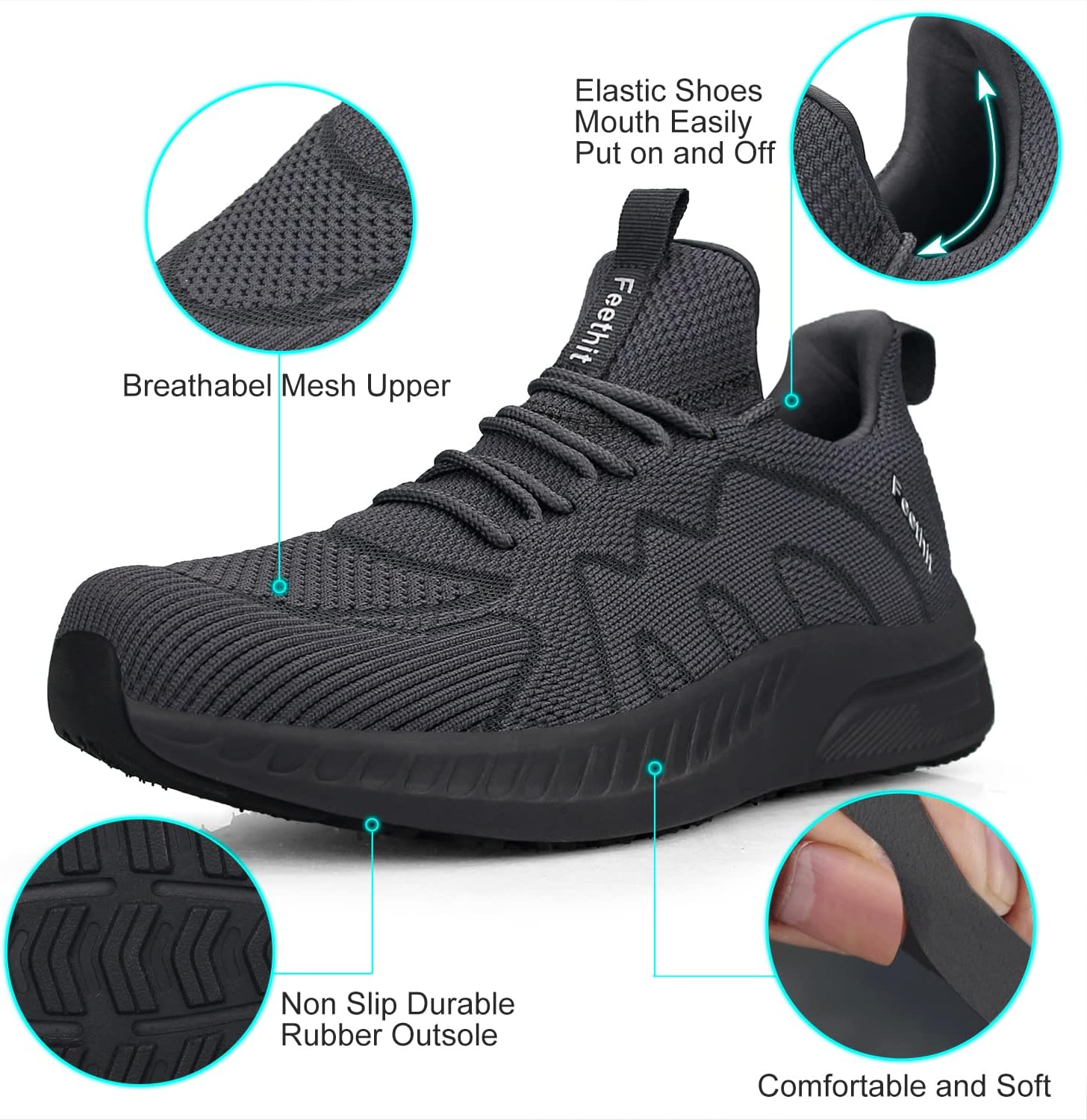 Feethit Mens Non Slip Walking Sneakers Lightweight Breathable Slip on Running Shoes Athletic Gym Tennis Shoes for Men
