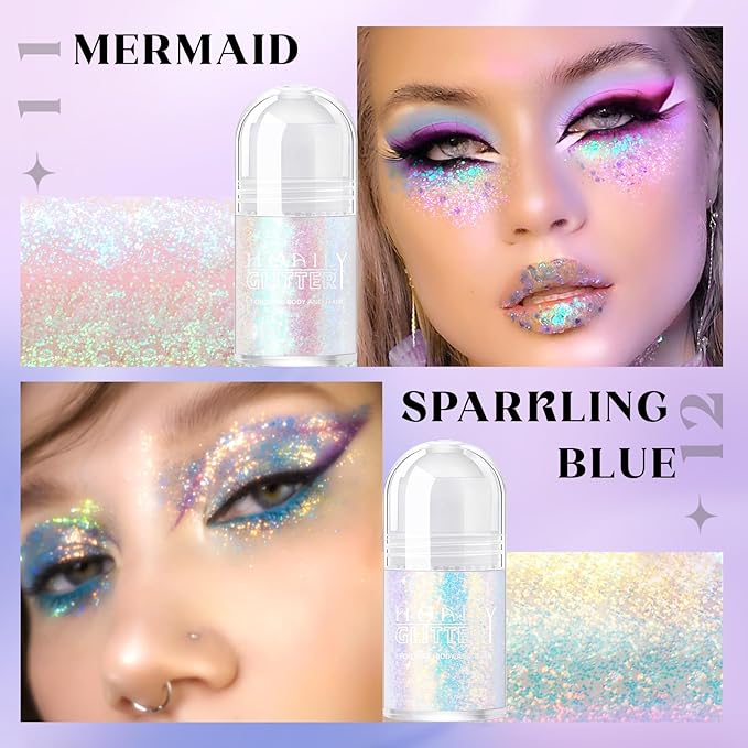 2 Colors Roll-on Body Glitter Gel, Holographic Glitter Gel Under Light for Face Hair, Body Shimmer for Rave Accessories Christmas New Year Halloween Makeup (11+12)-FlexoryFit