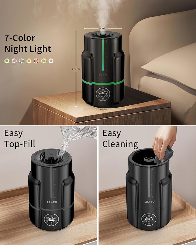 6L Smart Cool Mist Humidifier, Modern Black for Large Bedroom, Ultra Quiet 22dB with Humidistat, 50H Runtime, Top Fill, Oil Diffuser and Remote Control