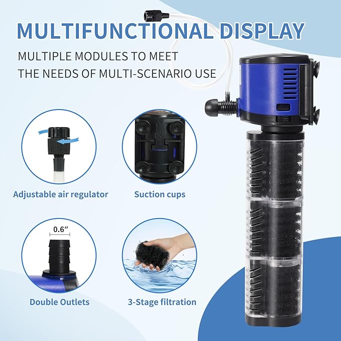 TARARIUM Aquarium Filter 260GPH for 30-75 Gallon Fish Tank, Biochemical Quiet Submersible Internal Filtration Powerful Pump Air Supply Wave Maker 4 in 1, Saltwater & Freshwater Crystal Clear