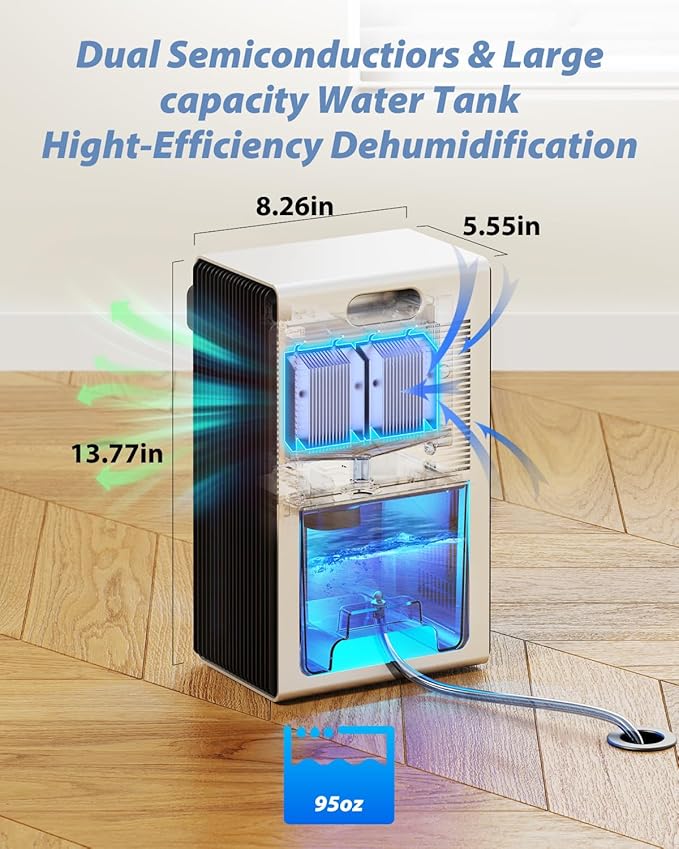 Dehumidifier, 95 OZ Dehumidifiers for Home (800 sq.ft), Quiet Small Dehumidifiers for Bedroom Bathroom Basements Closet RV, Auto Shut Off, Two Working Models and 7 Colors LED（White）